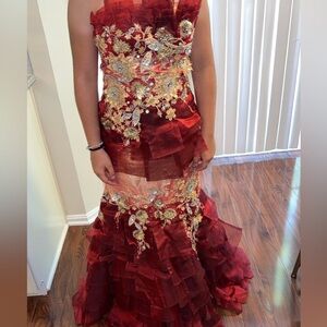 Elegant Red Dress with Gold Accents